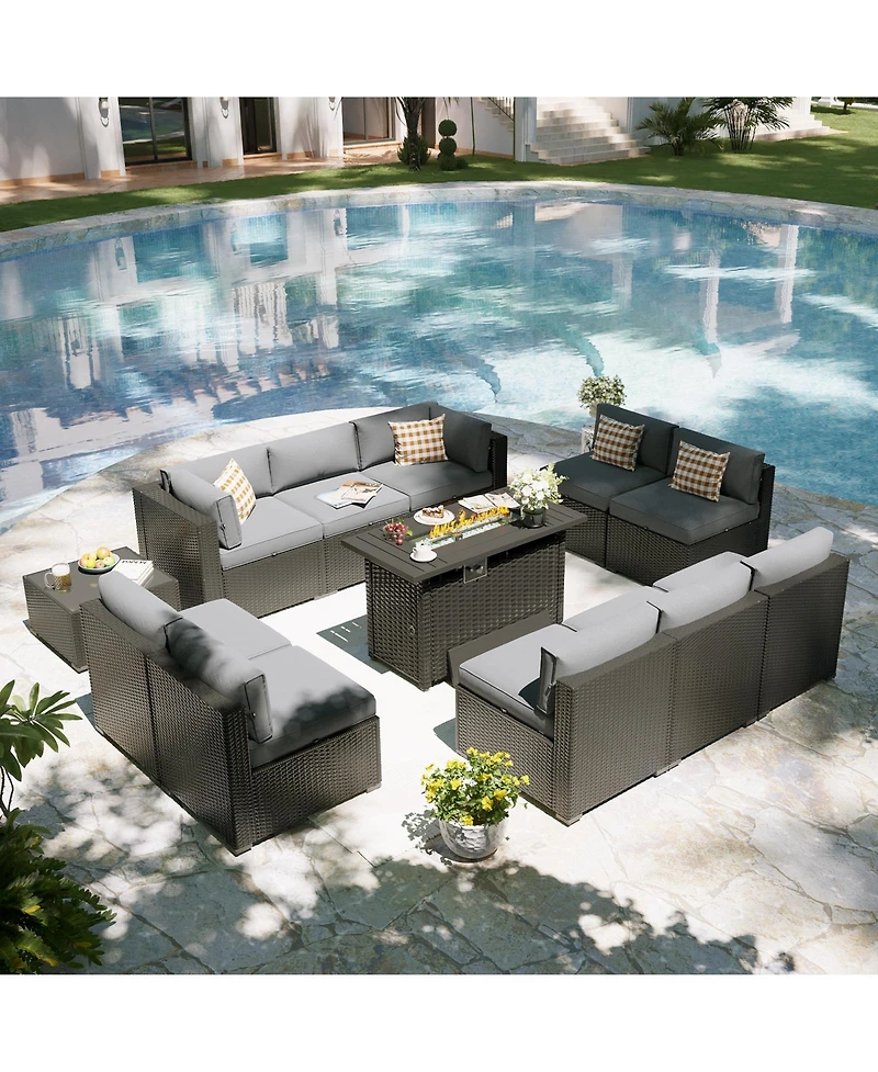 Aoxun 12-Piece Outdoor Wicker Patio Conversation Set with 44" Propane Fire Pit Table and Cushions