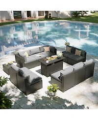 Aoxun 12-Piece Outdoor Wicker Patio Conversation Set with 44" Propane Fire Pit Table and Cushions