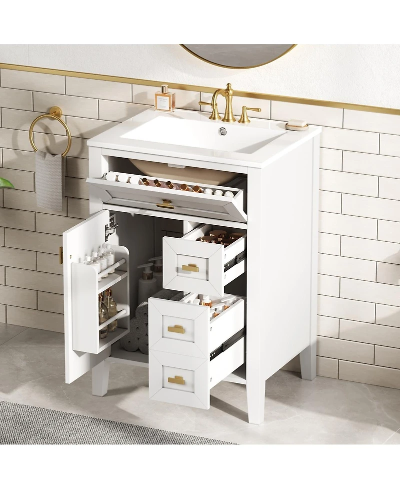 Sillysis 24 Inch Modern Black Bathroom Vanity with Ceramic Sink, Ample Drawer Storage, Solid Wood Frame for Small Spaces
