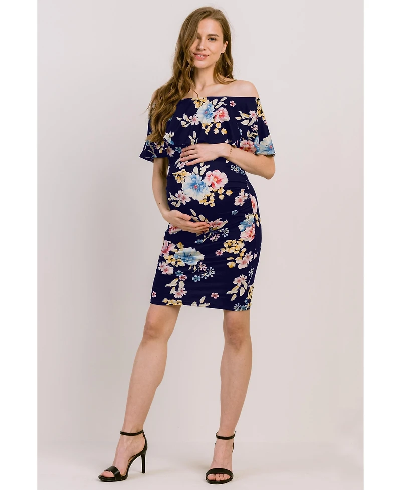 Hello Miz Maternity Off-the-Shoulder Floral Ruffle Bodycon Dress