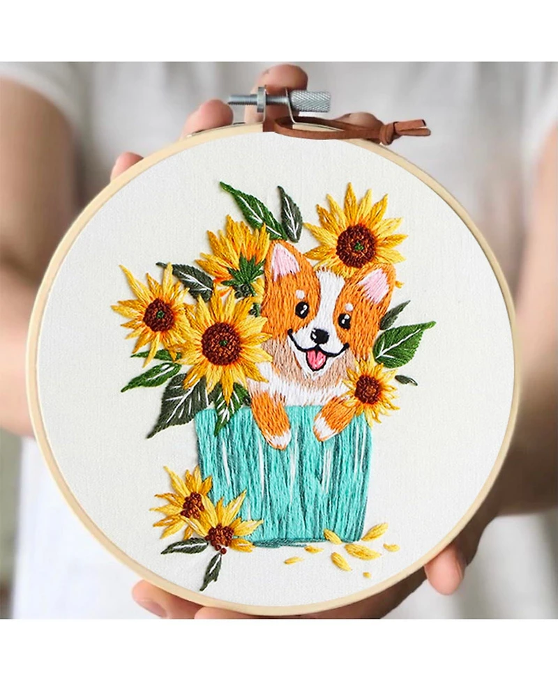 Gnuadz 3 Sets Embroidery Kit Beginners Dog Flower Pattern Hand Adults Instruction Video