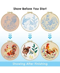 Gnuadz 3 Sets Embroidery Kit Rooster Floral Cross Stitch Cloth Hoops Threads Craft Hand