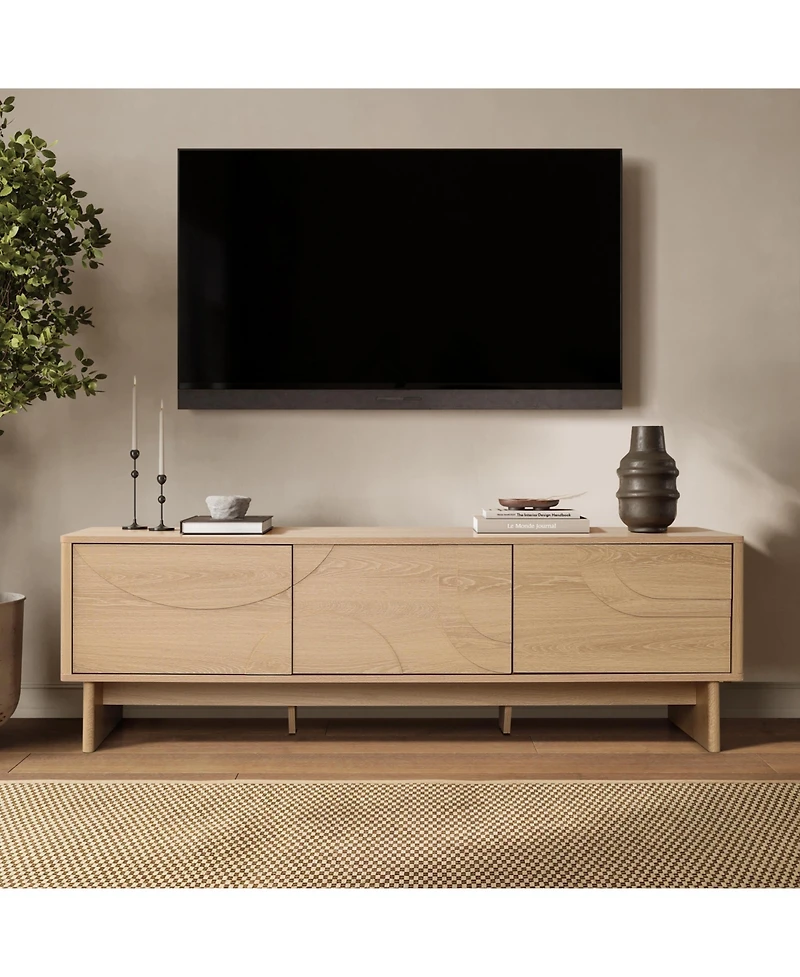 LuxenHome Modern Tv Console with 3 Doors, Geometric Carved Front, Light Wood, Manufactured Wood