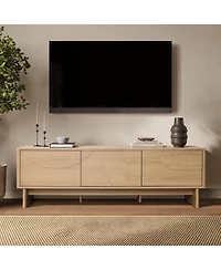 LuxenHome Modern Tv Console with 3 Doors, Geometric Carved Front, Light Wood, Manufactured Wood