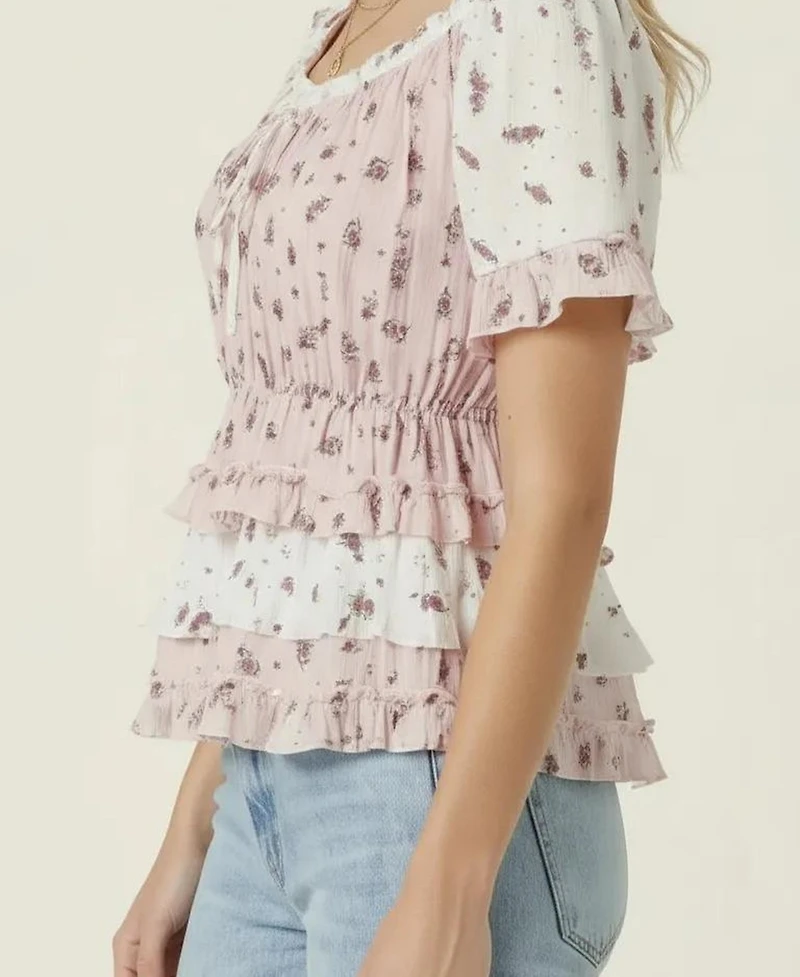Modenaire Women's Floral Tie-Neck Ruffle Peplum Top