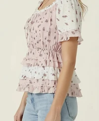 Modenaire Women's Floral Tie-Neck Ruffle Peplum Top