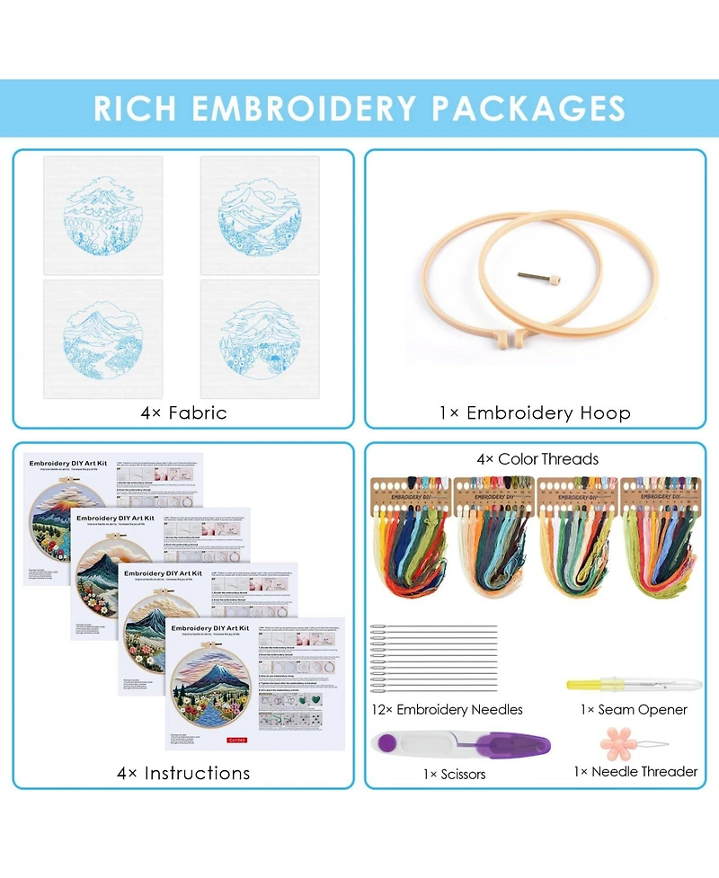 Gnuadz 4 Set Embroidery Kit Beginners Cross Stitch Cloth Hoops Threads Landscape