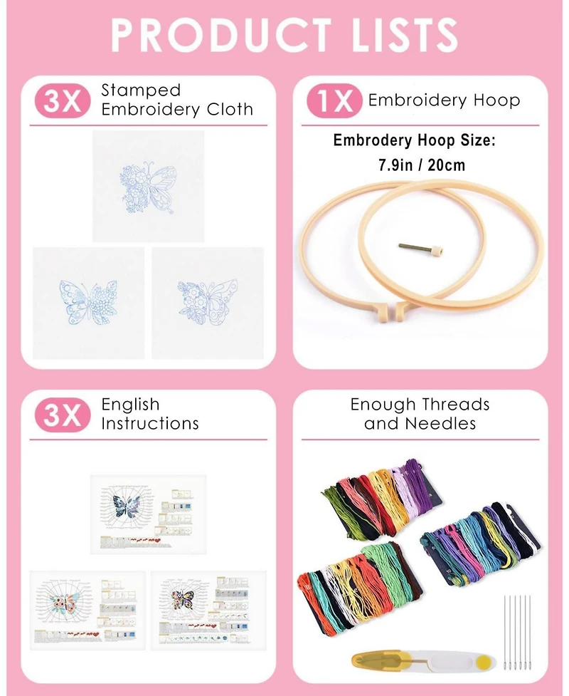 Gnuadz 3 Sets Embroidery Kit Butterfly Flower Beginner Hoop Thread