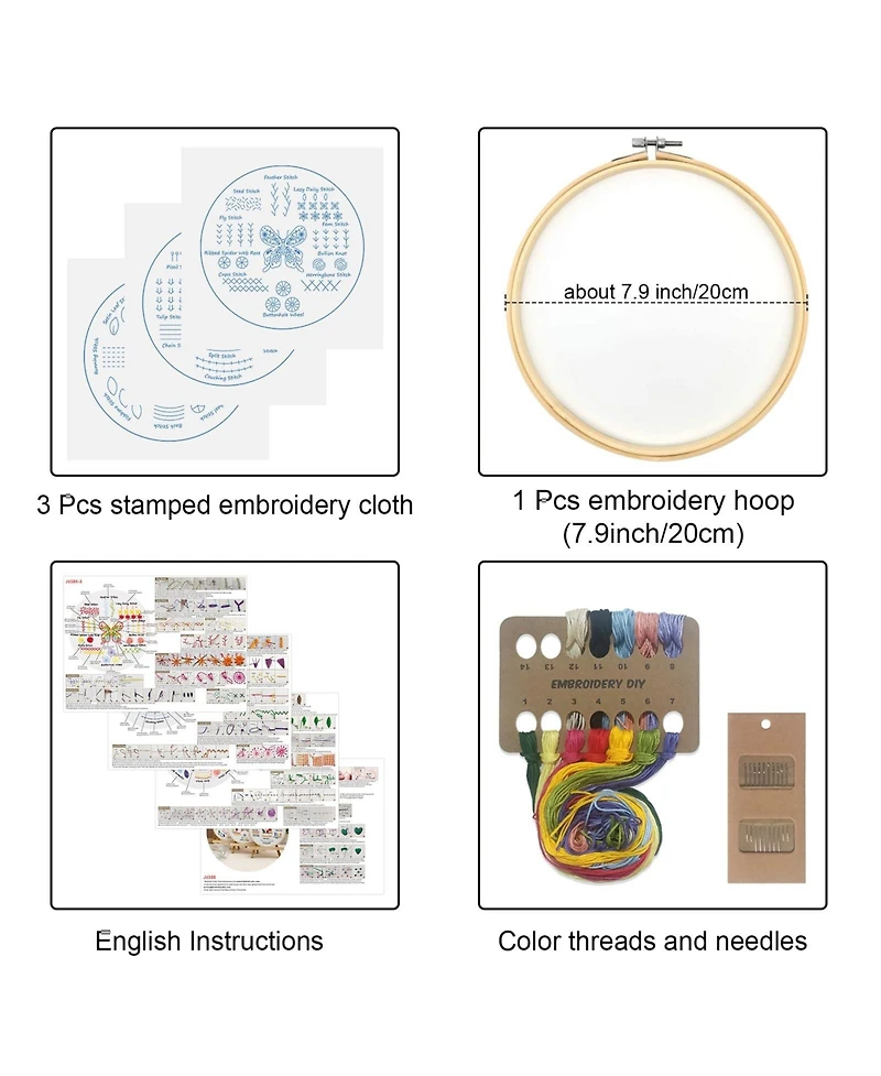 Gnuadz Embroidery Kit Beginners 3 Packs 30 Stitches Practice Tool Hoop Threads
