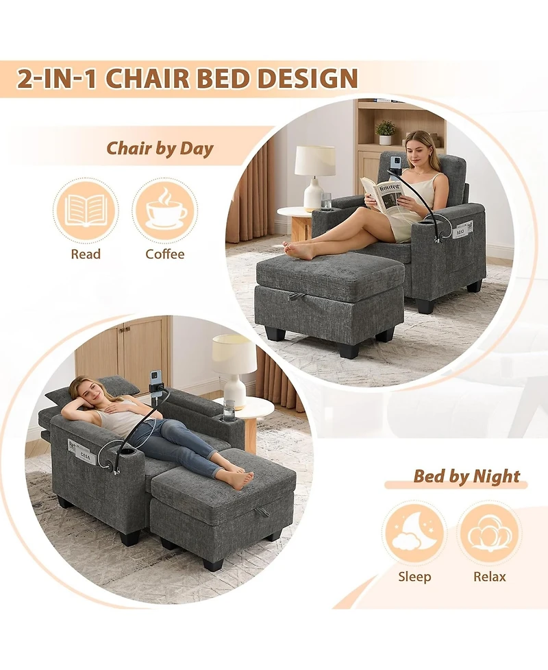 Rainsken Accent Chair and Storage Ottoman Set, Single Chaise Lounge Chair Convertible Sleeper Bed with Usb Port and Phone Stand for Living Room