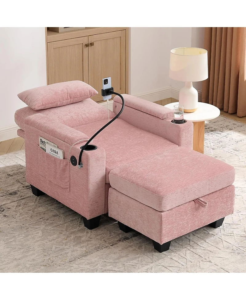 Rainsken Convertible Chaise Lounge Chair with Matching Storage Ottoman, Sleeper Bed with Usb Port and Phone Stand for Home Living Room