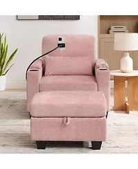 Rainsken Convertible Chaise Lounge Chair with Matching Storage Ottoman, Sleeper Bed with Usb Port and Phone Stand for Home Living Room
