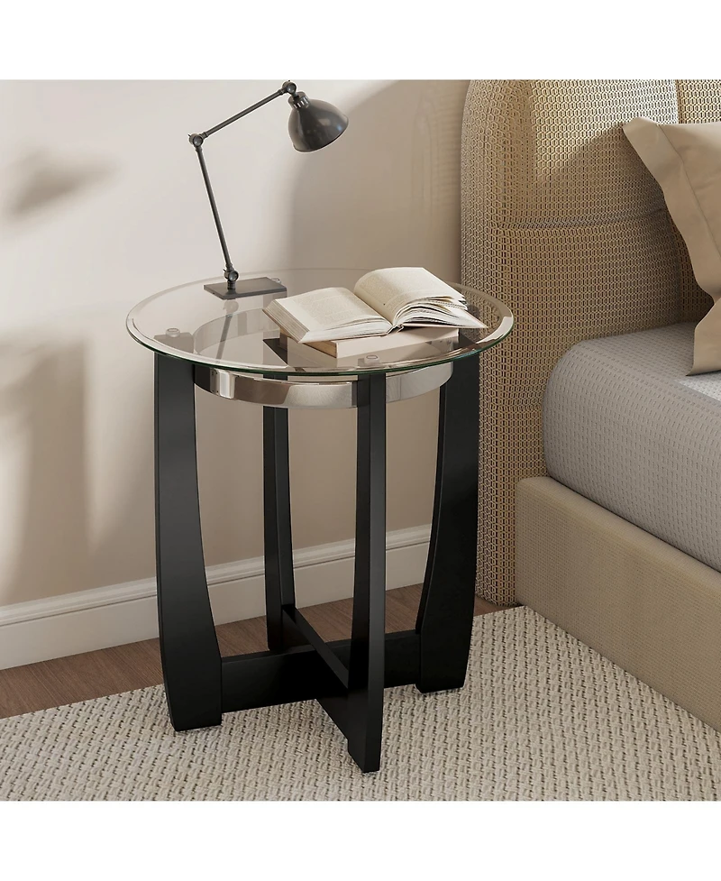 Slickblue Modern Round End Table with Glass Top and Rubber Wood Base, Accent Side