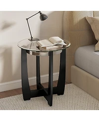 Slickblue Modern Round End Table with Glass Top and Rubber Wood Base, Accent Side