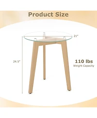 Slickblue Set of 2 Tempered Glass Side Tables Round Design with Rubber Wood Frame