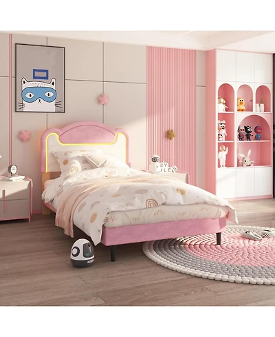 Princess Bed Frame for Girls with Led Light, Upholstered Headboard, Sturdy Wood Slats, No Box Spring Needed