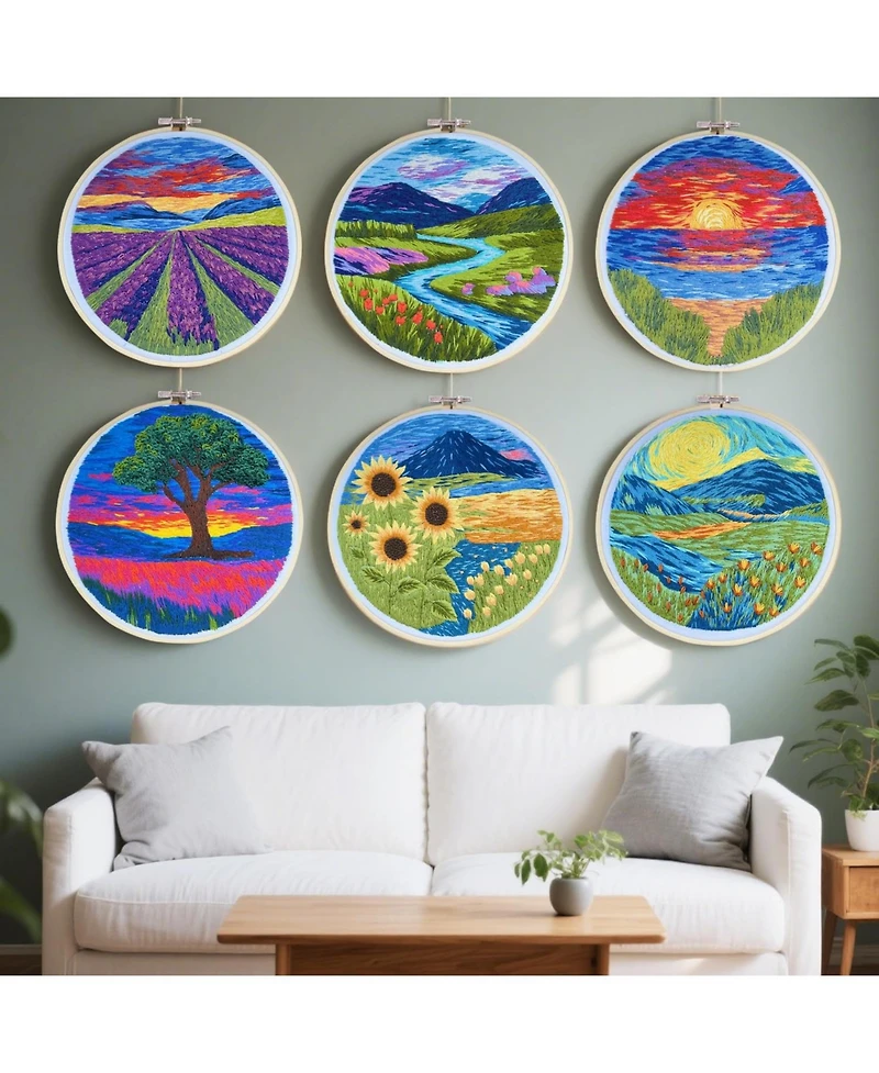 Gnuadz 6 Pack Embroidery Starter Kit Stamped Cross Stitch Beginner Hoop Instructions Landscape Scenery Set
