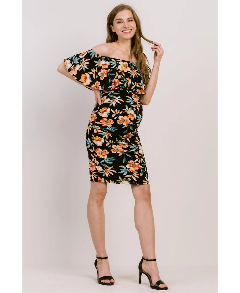 Hello Miz Maternity Bodycon Floral Off-the-Shoulder Ruffle Dress