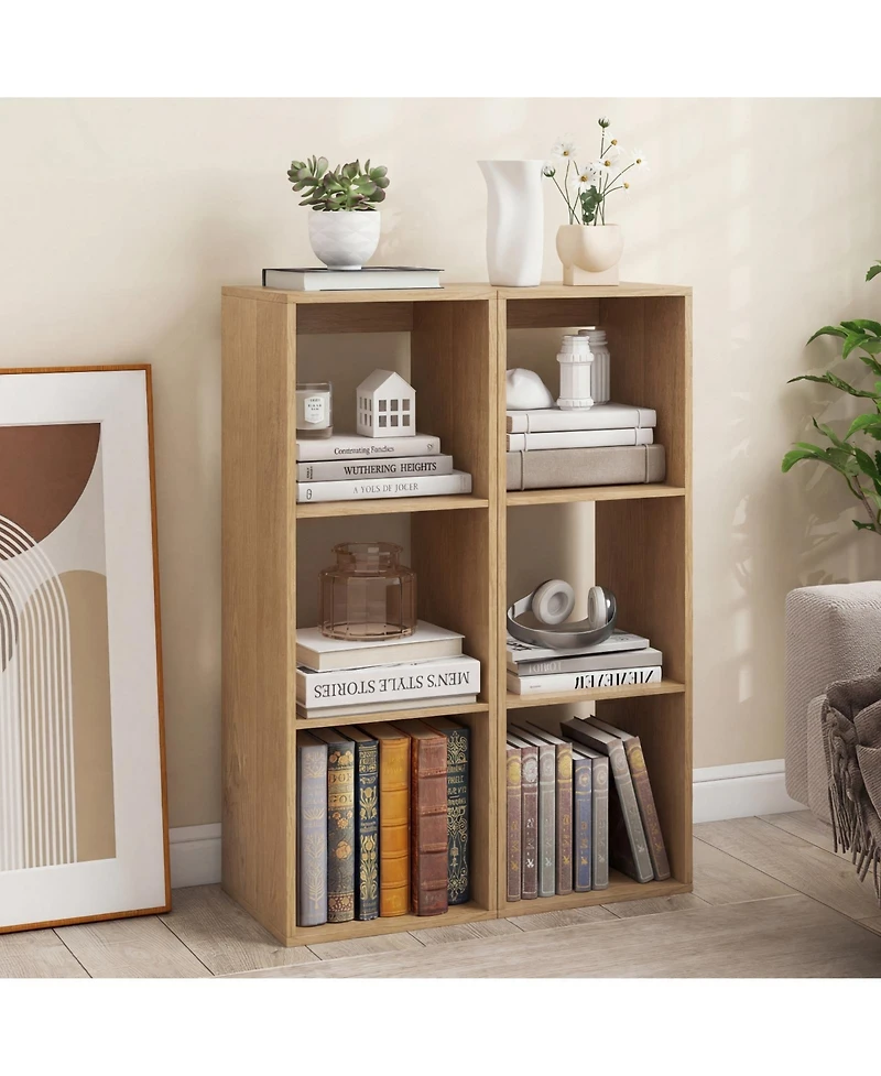 Gymax 2 Piece 3-Cube Bookshelf Vertical Bookcase with Guardrail and Anti-tipping Kits