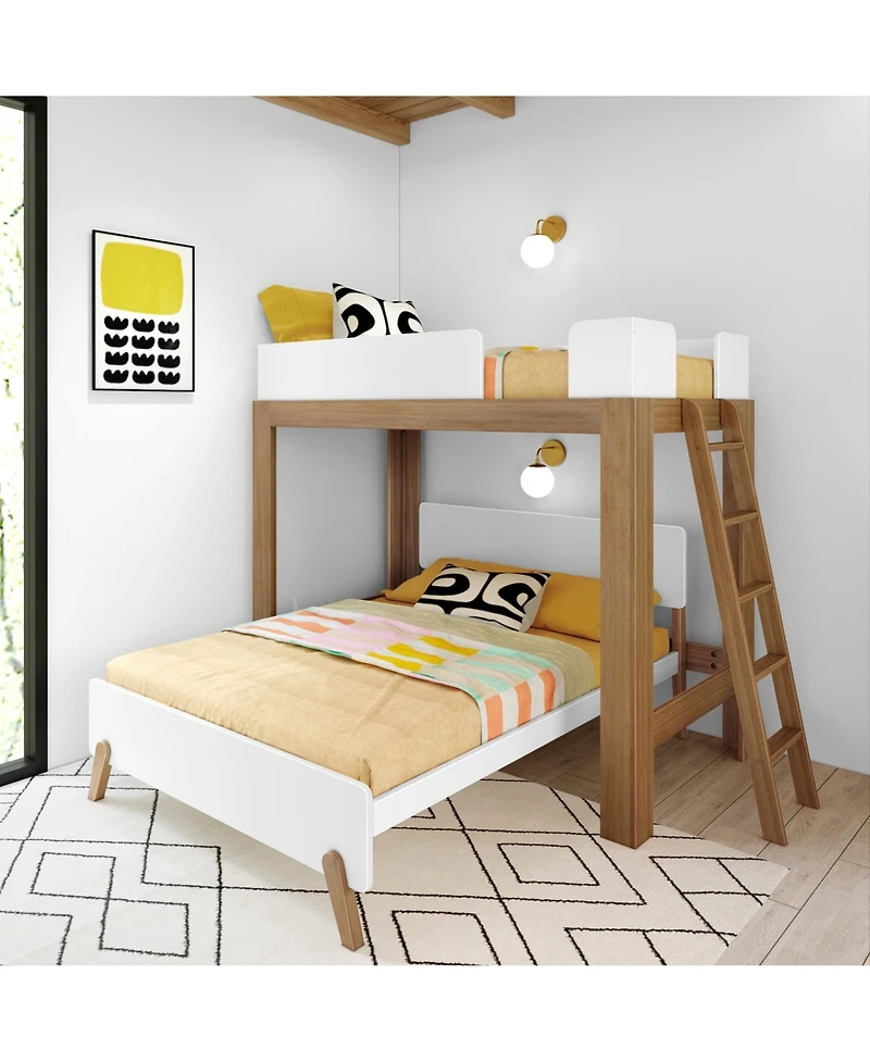 Max & Lily Mid-Century Modern -Shaped Bunk Bed, Solid Wood
