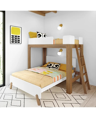 Max & Lily Mid-Century Modern -Shaped Bunk Bed, Solid Wood