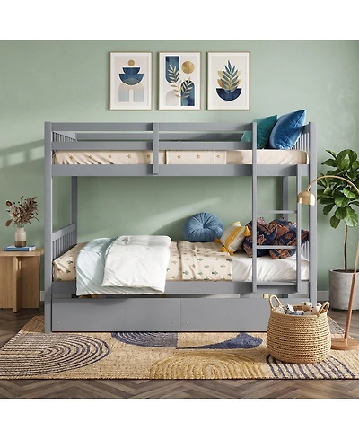 Sailvan full Over Rubber Wood Bunk Bed with 2 Drawers, Convertible into Beds Ladder