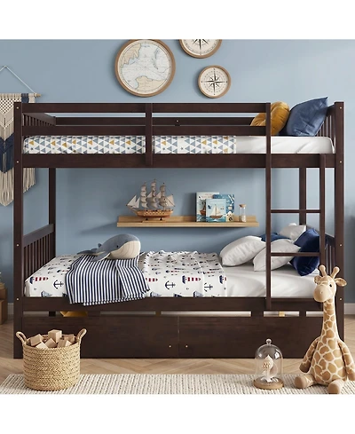 Sailvan full Over Rubber Wood Bunk Bed with 2 Drawers, Convertible into Beds Ladder