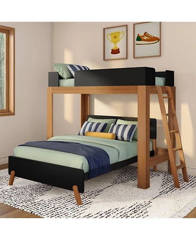 Max & Lily Mid-Century Modern -Shaped Bunk Bed, Solid Wood