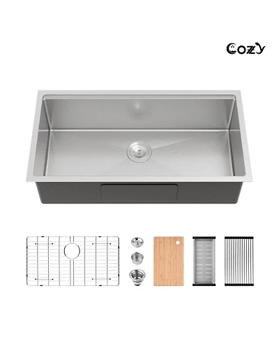Busdays 33 x 22 Inch Stainless Steel Kitchen Sink Single Bowl Overmount Handmade with Cutting Board and Colander