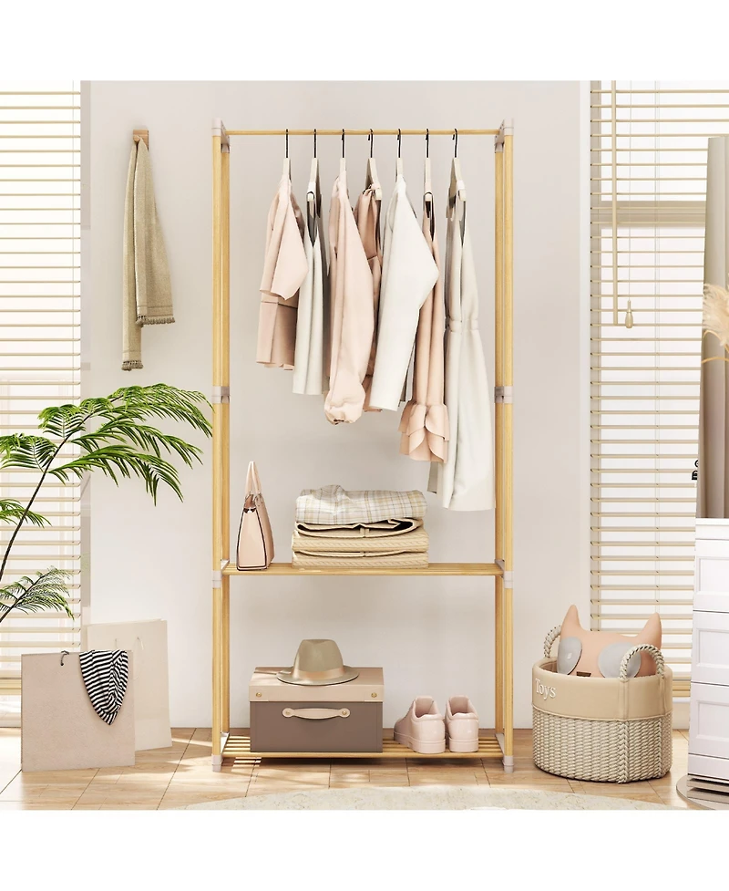 Slickblue Pine Wood Clothing Rack with Open 2 Tier Shelves and Hanging Bar for Bedroom Storage