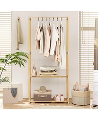 Slickblue Pine Wood Clothing Rack with Open 2 Tier Shelves and Hanging Bar for Bedroom Storage