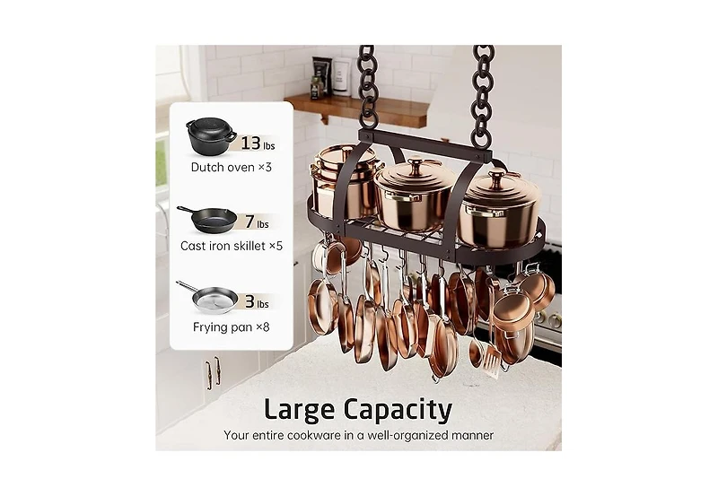Phying 34 Inch Oiled Bronze Hanging Pot Rack, Heavy Duty Oval Pot and Pan Hanging Rack Ceiling Mount, Pot Pan Hangers for Kitchen with 20 Hooks