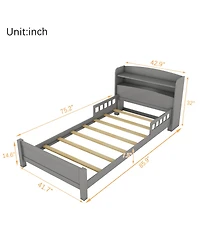 Sailvan Twin Pine Wood Bed with Bookcase Headboard ,Led Motion Sensor Light, Guardrails