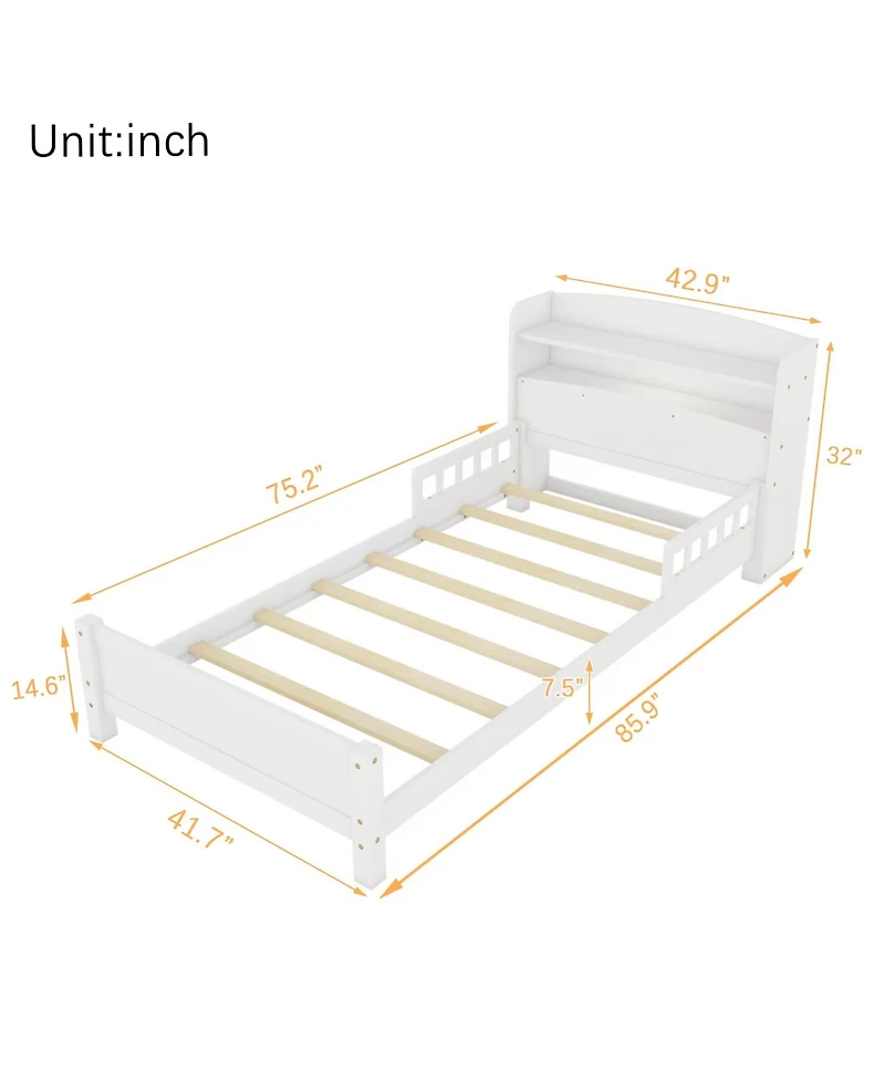 Sailvan Twin Pine Wood Bed with Bookcase Headboard ,Led Motion Sensor Light, Guardrails