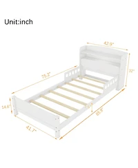 Sailvan Twin Pine Wood Bed with Bookcase Headboard ,Led Motion Sensor Light, Guardrails