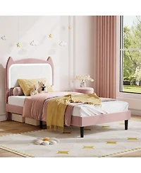 homfan Kids Bed Frame with Cat Headboard, Upholstered Princess Sturdy Wood Slats Support