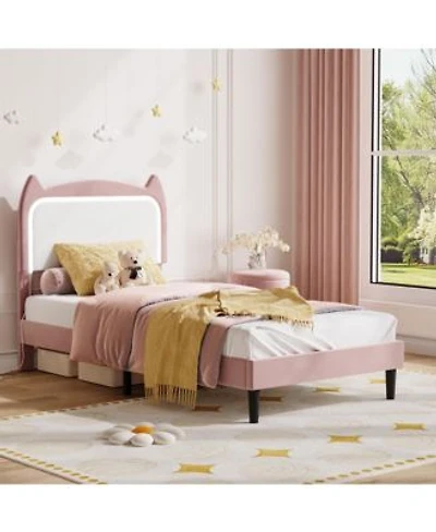 Homfan Kids Bed Frame With Cat Headboard Upholstered Princess Bed Frame With Sturdy Wood Slats Support No Box Spring Needed