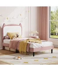 Homfan Kids Bed Frame With Cat Headboard Upholstered Princess Bed Frame With Sturdy Wood Slats Support No Box Spring Needed
