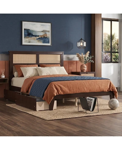 Sailvan Bed with Rattan Headboard, 2 Drawers, Rubber Wood Support Slats and Feet
