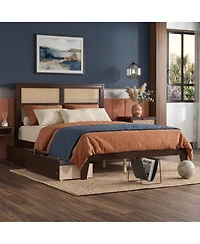 Sailvan Bed with Rattan Headboard, 2 Drawers, Rubber Wood Support Slats and Feet