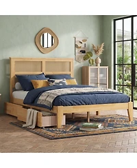 Sailvan Bed with Rattan Headboard, 2 Drawers, Rubber Wood Support Slats and Feet