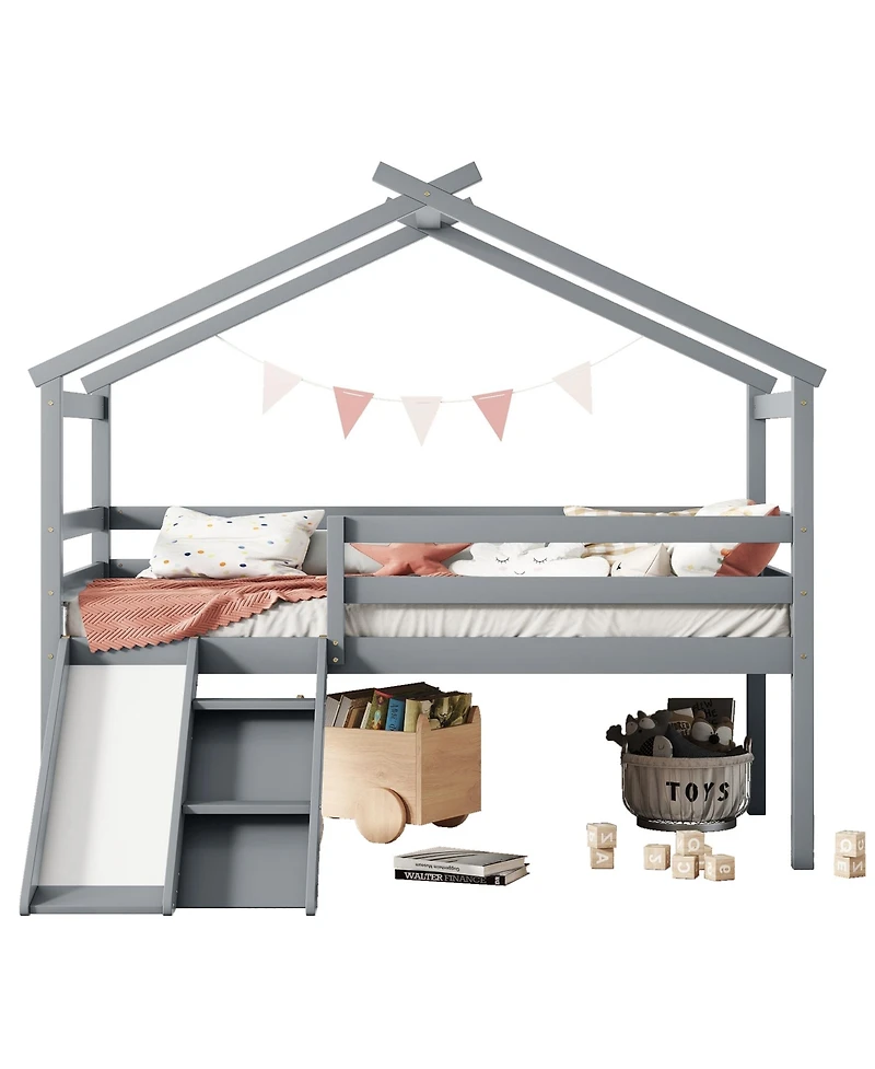 Sailvan Twin Low Loft House Bed with Slide, Ladder, Safety Guardrails, Roof Frame