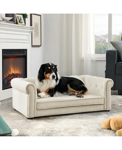Clihome Modern Roll Arm Elevated Dog Sofa Comfortable Pet Couch for Small Medium Dogs