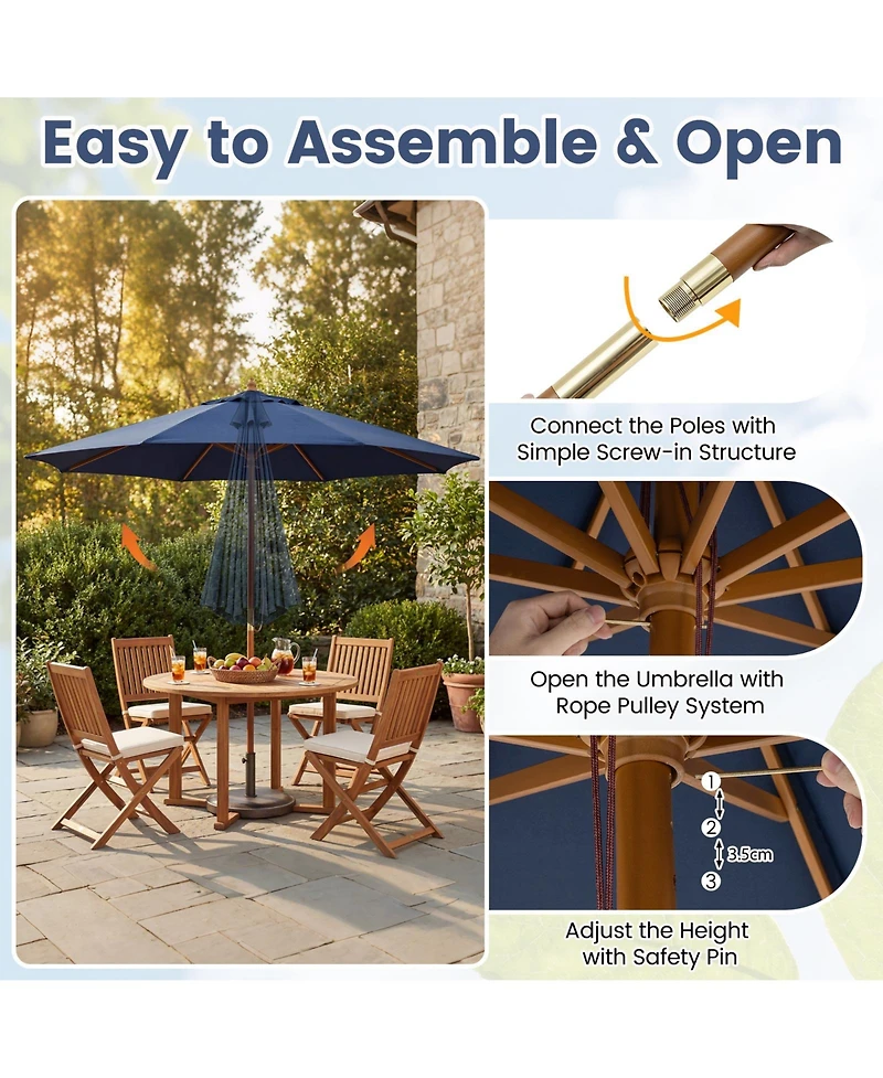 Gouun 9 feet Bamboo Patio Market Umbrella with Double-Tier Vented Canopy and Rope Pull