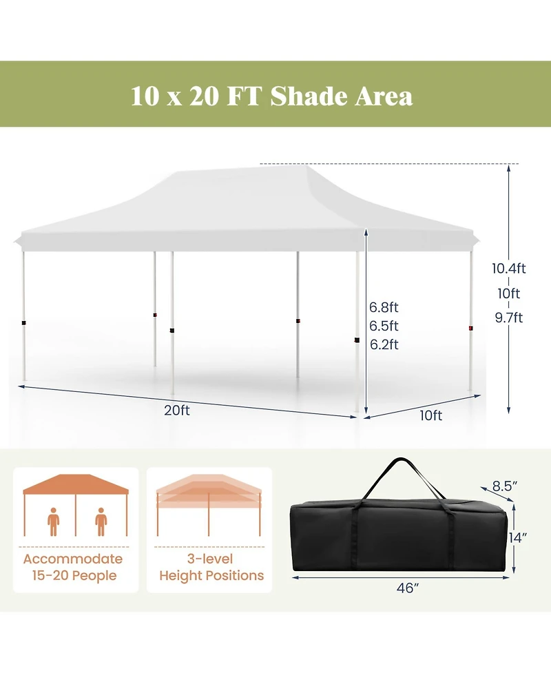 Gouun 10 x 20 feet Pop-Up Canopy Tent with 3-Level Height Adjustment and Carry Bag