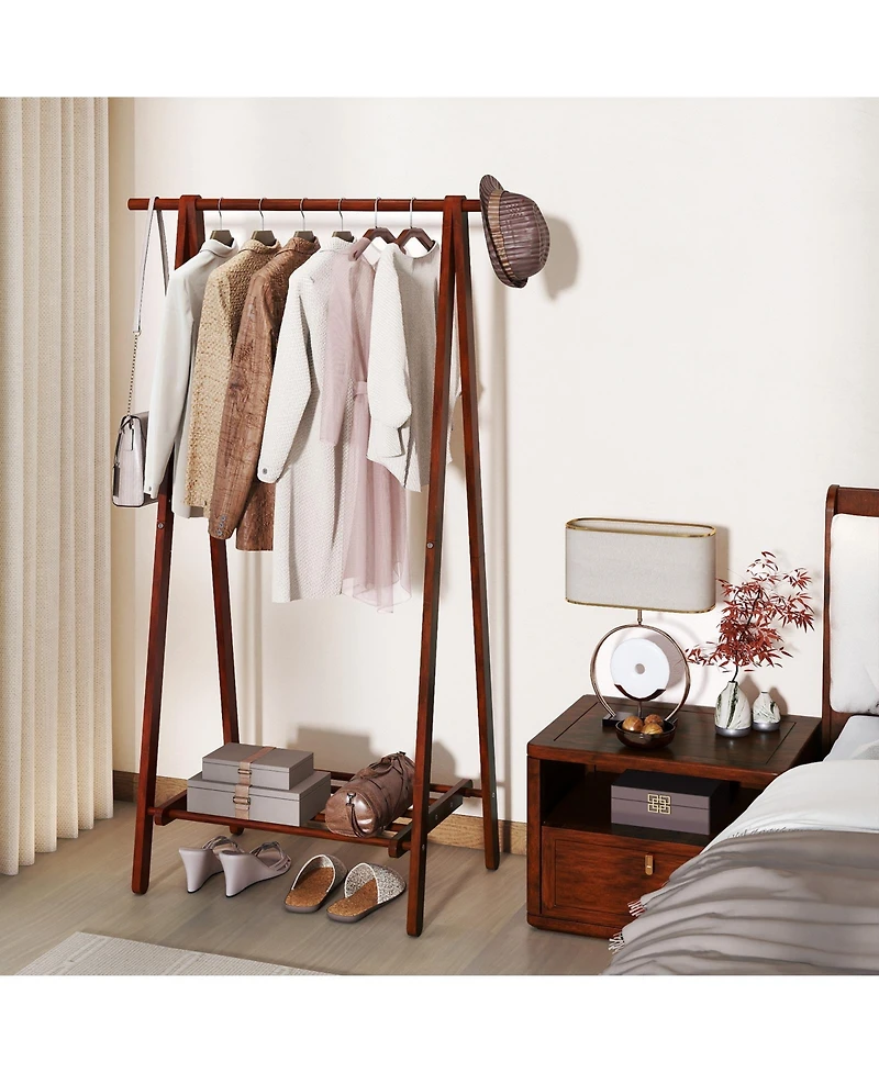 Gouun Folding Rubber Wood Garment Rack with Bottom Storage Shelf