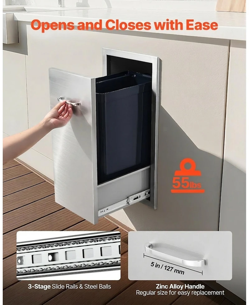 Sugift Outdoor Kitchen Trash Drawer 13.54in W x 19.61in D Multi-Purpose Stainless Steel Drawer