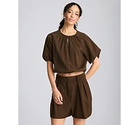 Kenneth Cole Women's Shirred Crewneck Cropped Bubble Blouse