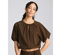 Kenneth Cole Women's Shirred Crewneck Cropped Bubble Blouse