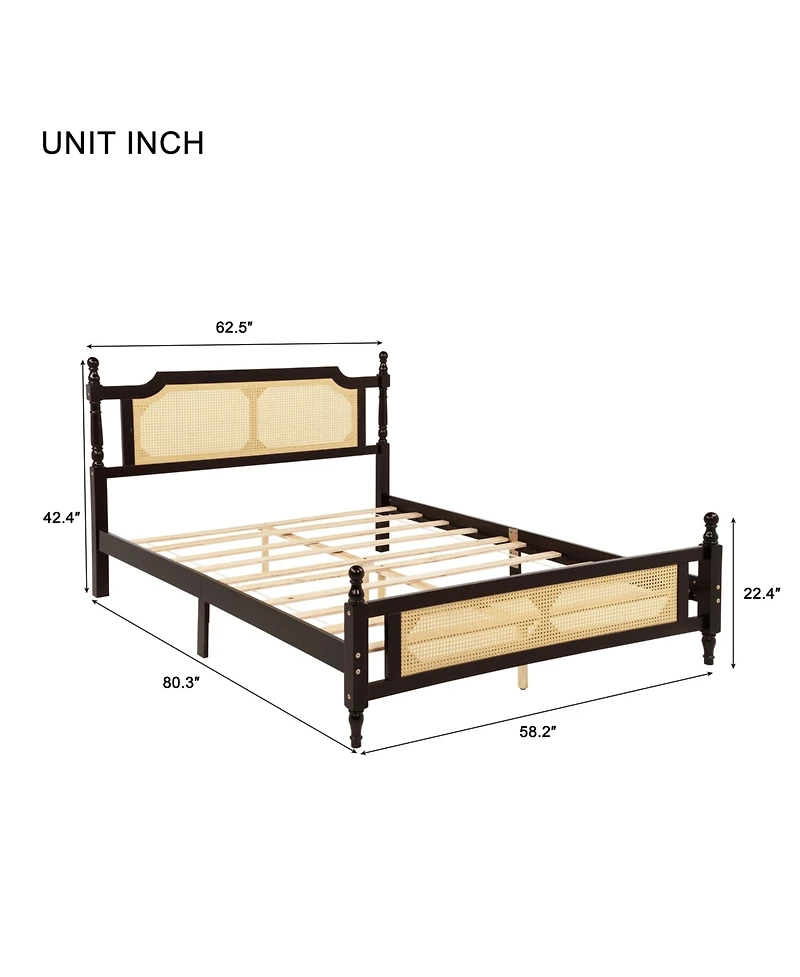 Sailvan Queen Pine wooden Bed with Rattan Headboard and Footboard, Central Enhanced Bed Platform